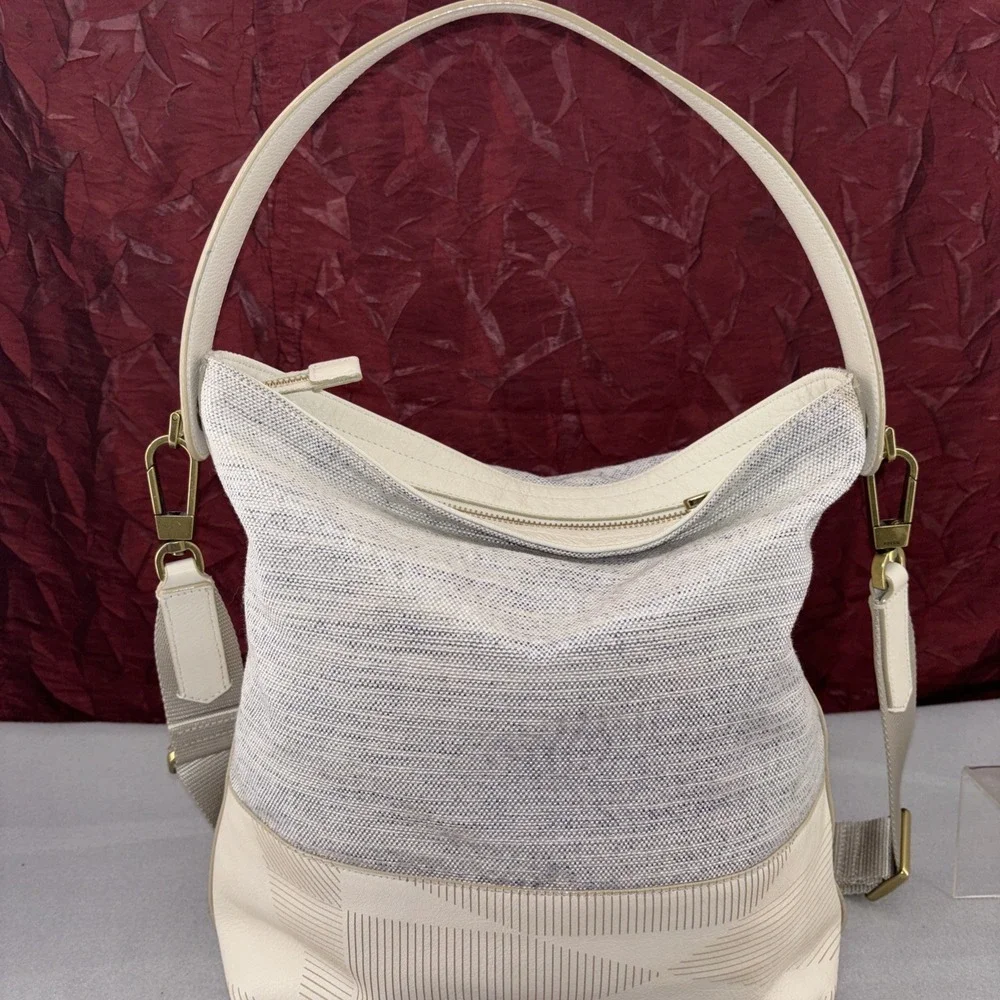 Fossil Maya Collection Hobo Cream & Blue Leather Canvas Adjustable Crossbody EUC